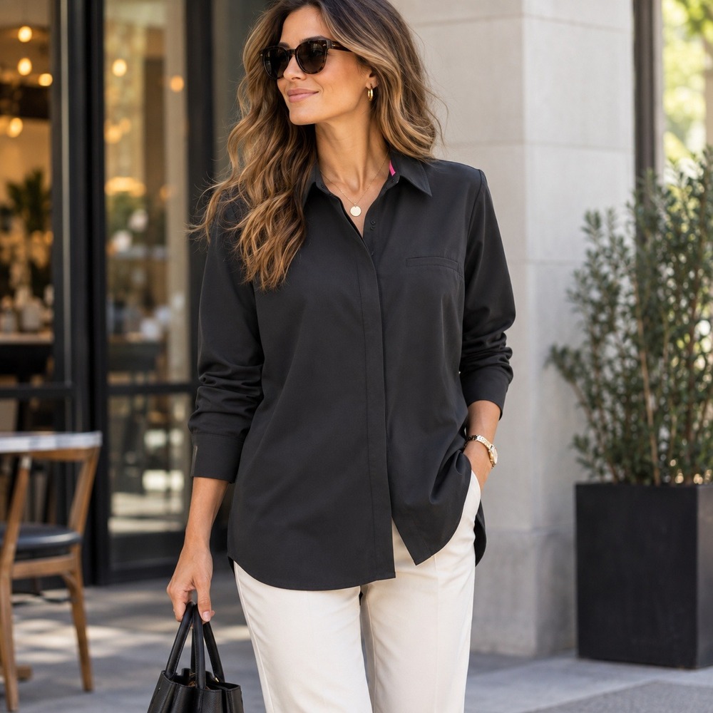 Modern Ambition Womens M Black Technical Button Down Shirt Tunic Travel Blouse